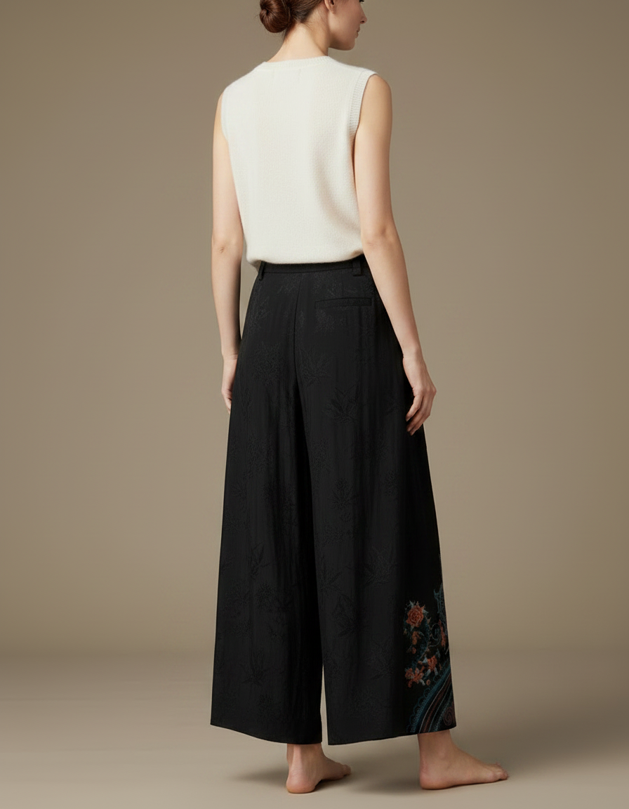 Pantalon Chinois Noir Brodé Ethnique Ample Fluide - Viscose - vue 2