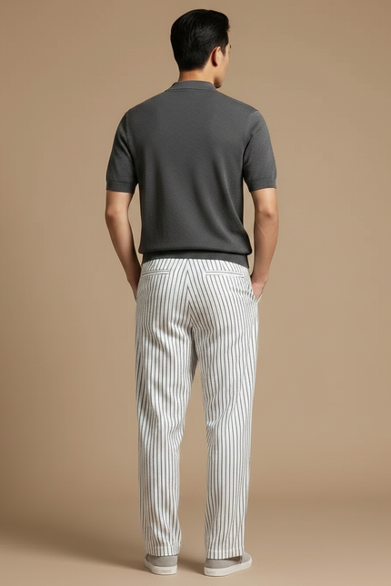 Pantalon Chinois Blanc Rayé Fluide Ample Homme - Viscose - vue 2