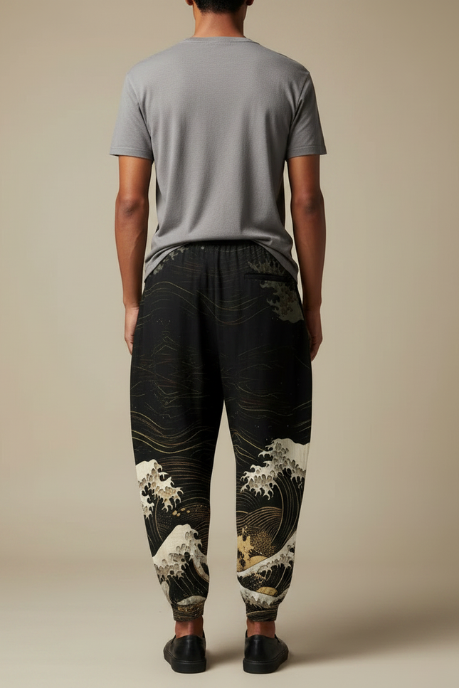 Pantalon Chinois Noir Ample Hokusai Motif Vagues Fluide - Viscose - vue 2