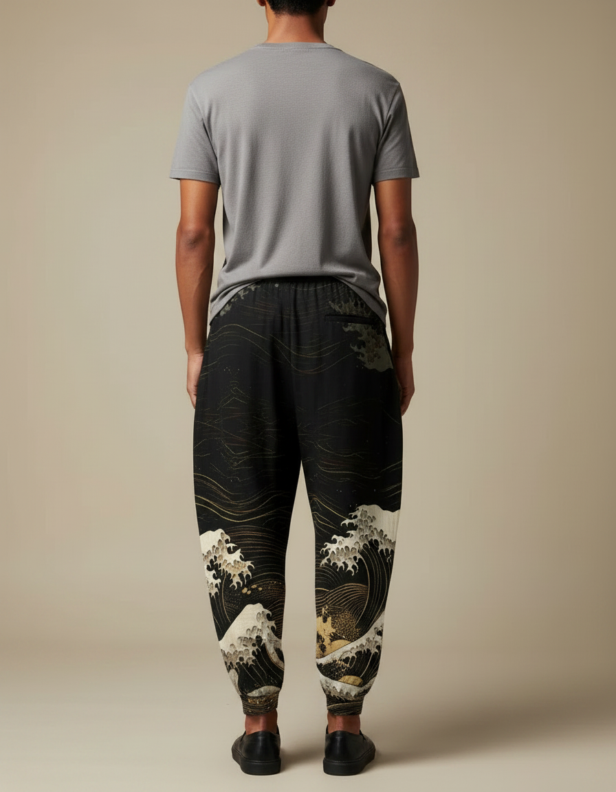 Pantalon Chinois Noir Ample Hokusai Motif Vagues Fluide - Viscose - vue 2
