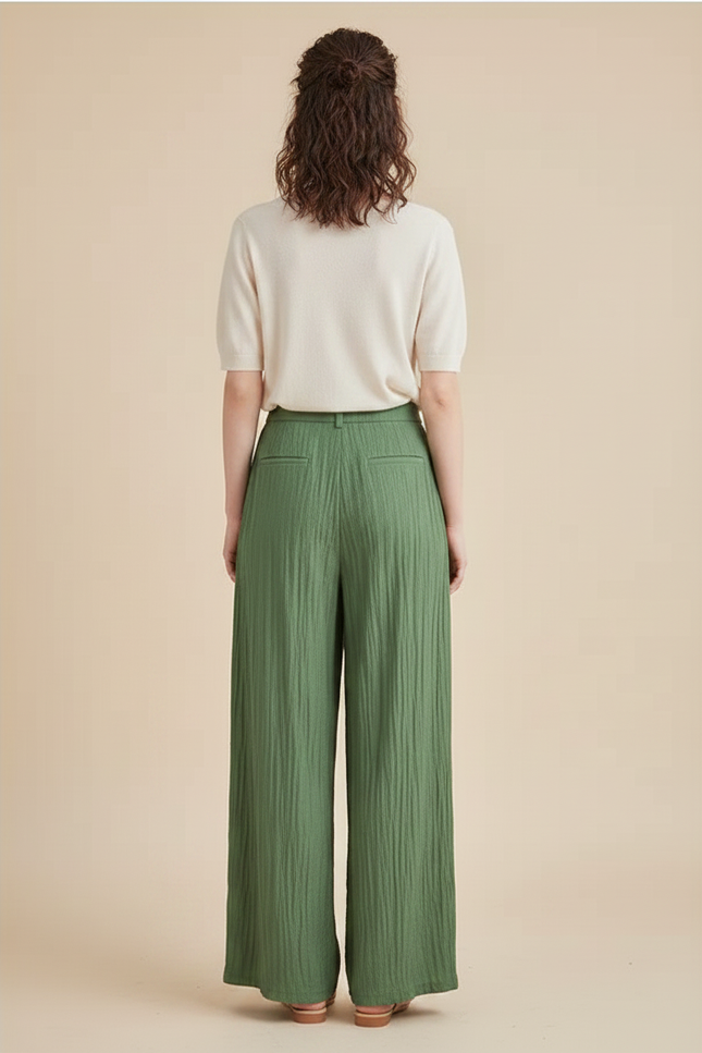 Pantalon Chinois Vert Ample Plissé Fluide Femme - Lin - vue 2
