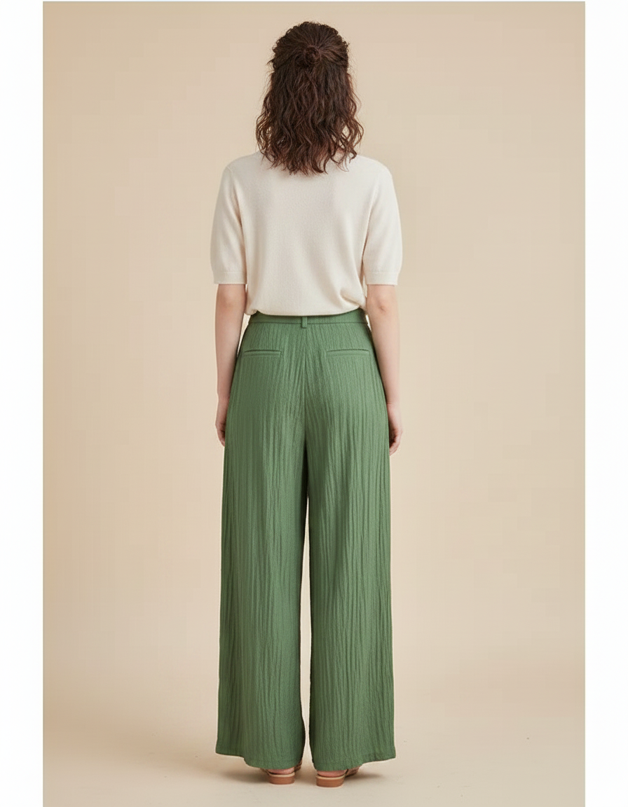 Pantalon Chinois Vert Ample Plissé Fluide Femme - Lin - vue 2