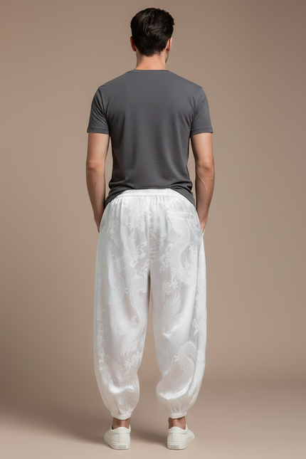 Pantalon Chinois Blanc Dragon Imprimé Soie Ample Homme - vue 2