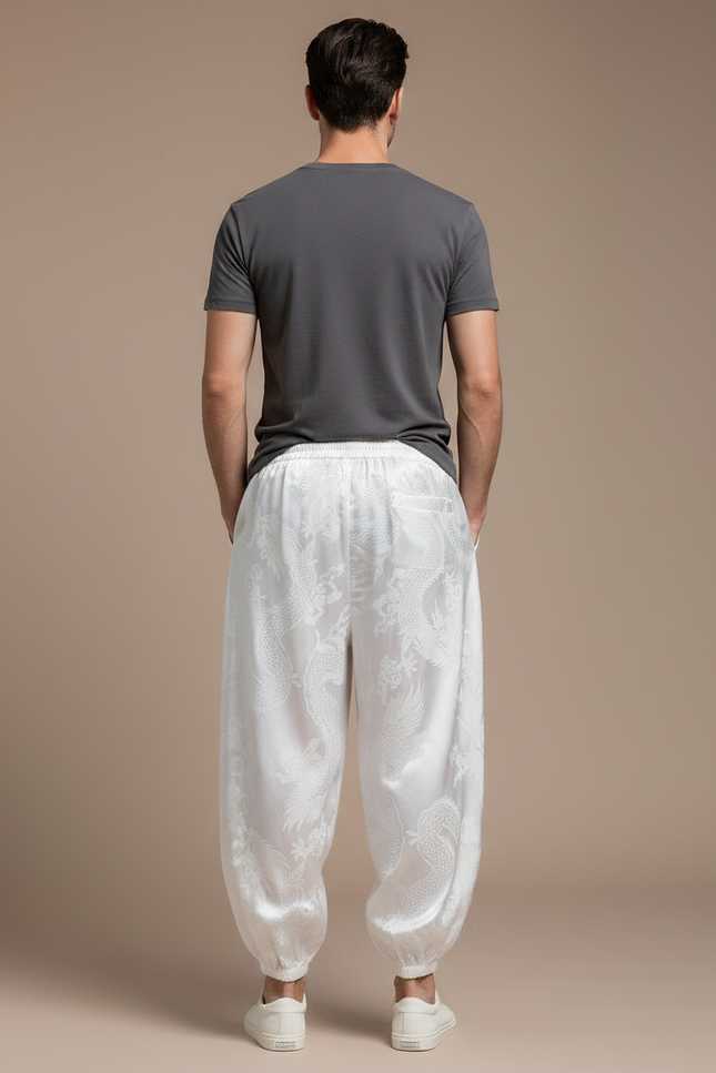 Pantalon Chinois Blanc Dragon Imprimé Soie Ample Homme - vue 2