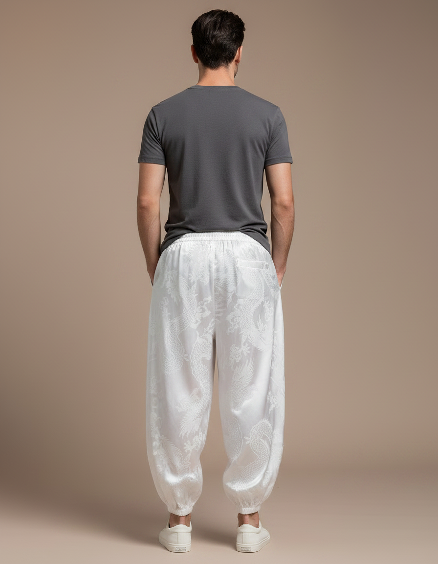 Pantalon Chinois Blanc Dragon Imprimé Soie Ample Homme - vue 2