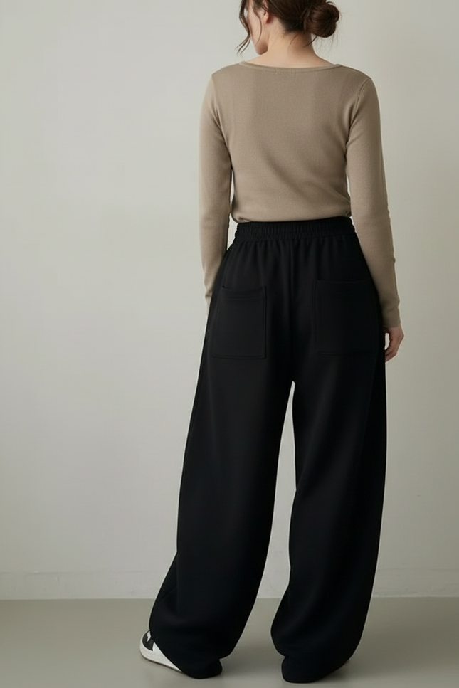 Pantalon Chinois Noir Ample Fluide Décontracté Cordon - Molleton - vue 2