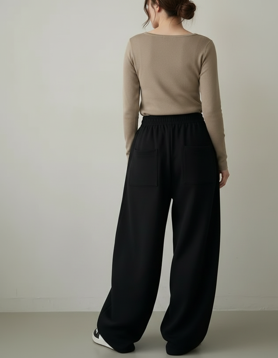 Pantalon Chinois Noir Ample Fluide Décontracté Cordon - Molleton - vue 2