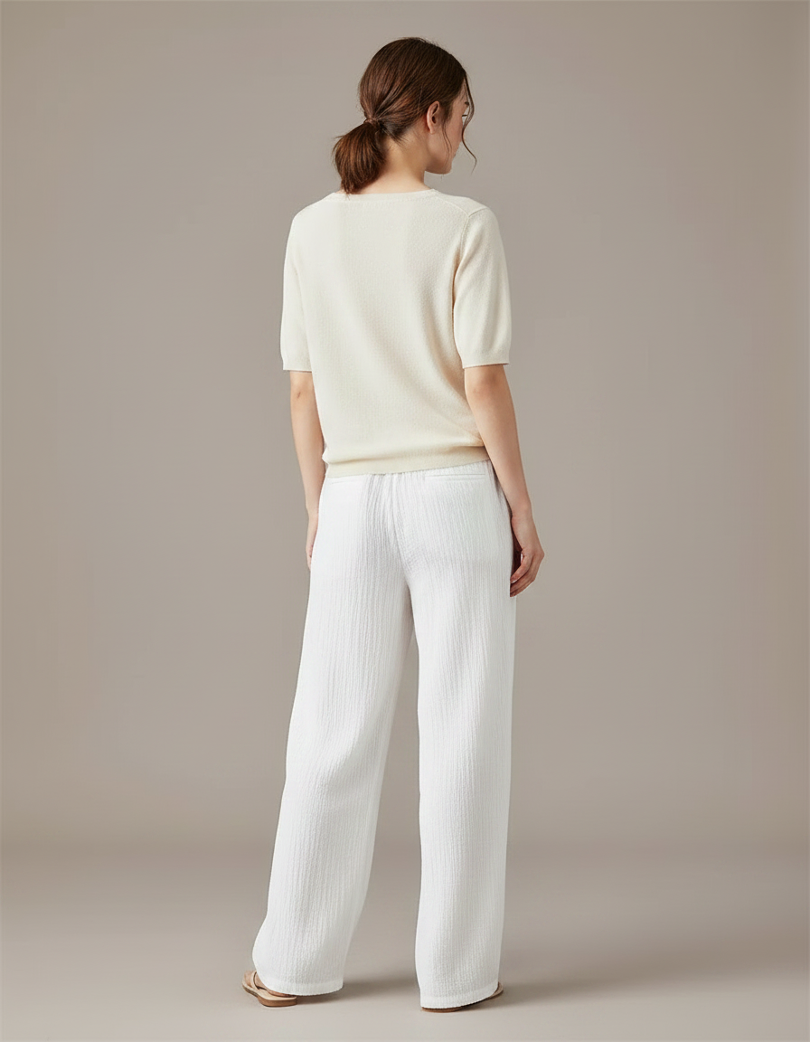 Pantalon Chinois Blanc Ample Lin Plissé Décontracté - vue 2
