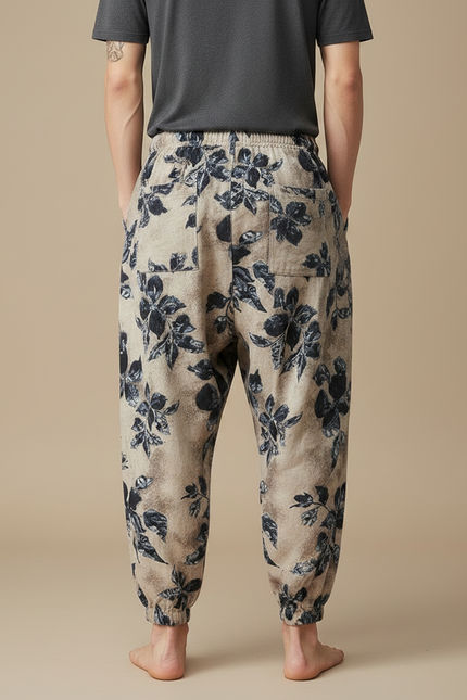 Pantalon Chinois Imprimé Floral Ample Coton Lin Beige - vue 2