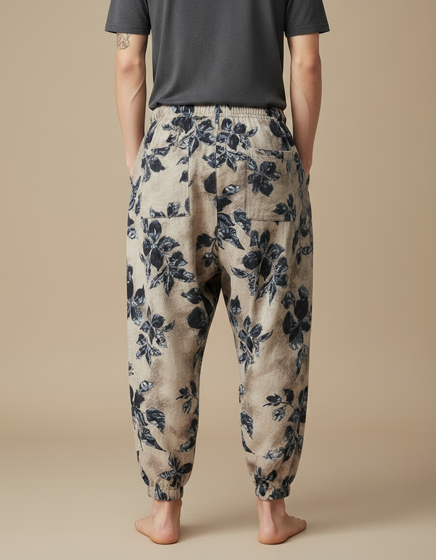 Pantalon Chinois Imprimé Floral Ample Coton Lin Beige - vue 2