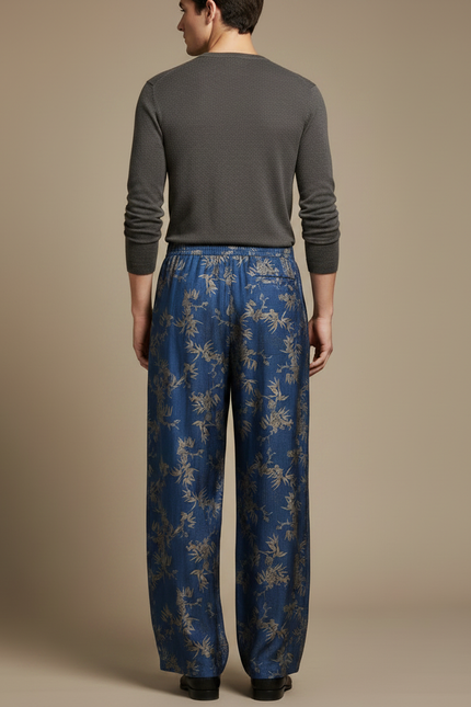 Pantalon Chinois Bleu Imprimé Floral Ample Fluide Ethnique - Viscose - vue 2
