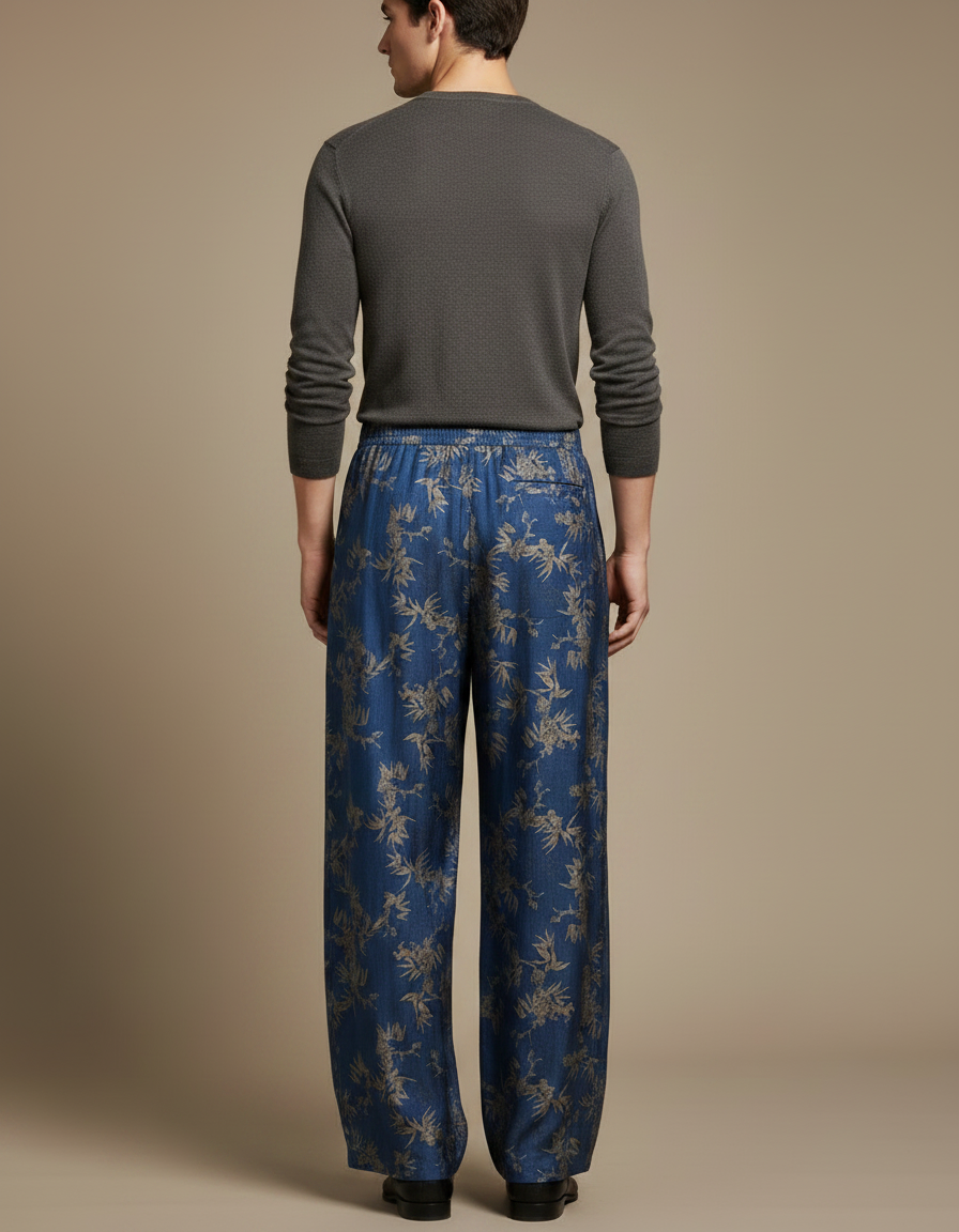 Pantalon Chinois Bleu Imprimé Floral Ample Fluide Ethnique - Viscose - vue 2