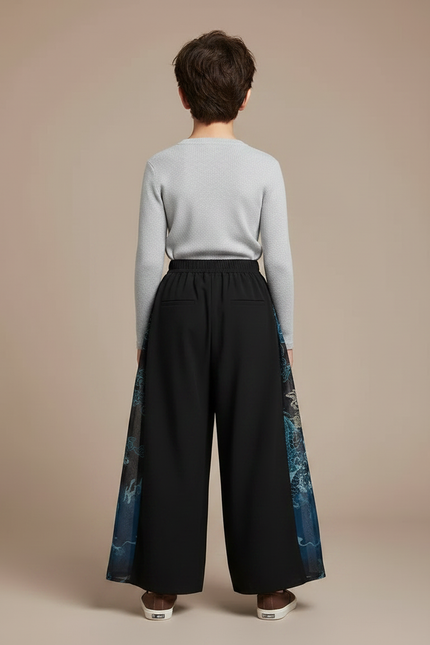 Pantalon Chinois Noir Ample Imprimé Dragon Fluide - Polyester - vue 2