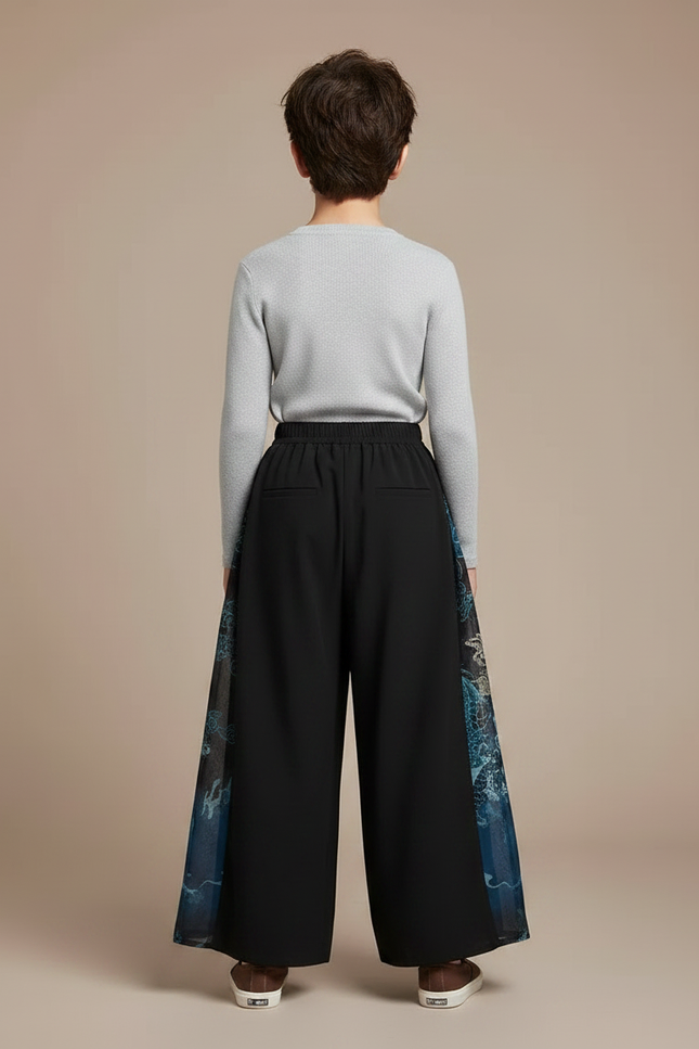 Pantalon Chinois Noir Ample Imprimé Dragon Fluide - Polyester - vue 2