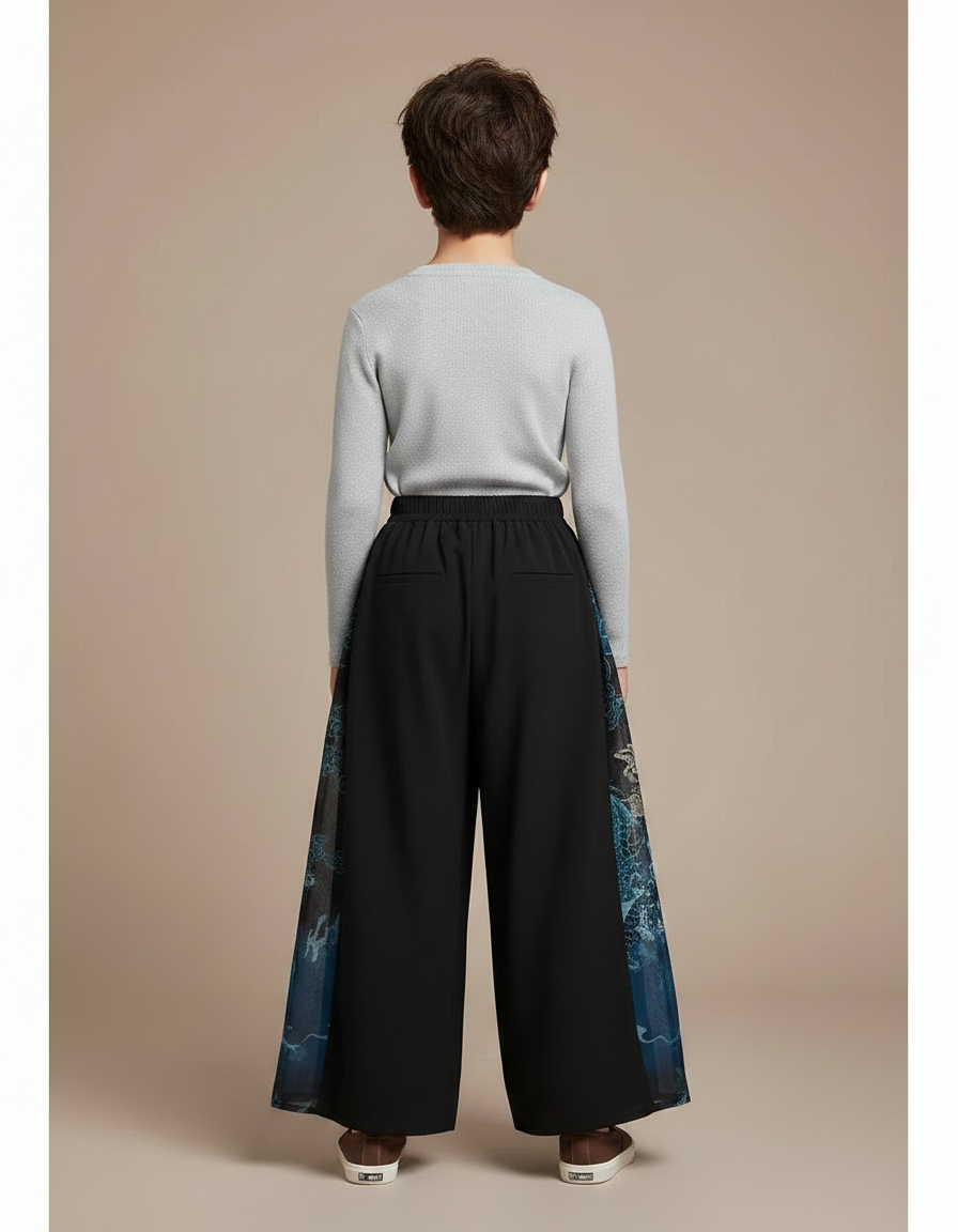 Pantalon Chinois Noir Ample Imprimé Dragon Fluide - Polyester - vue 2