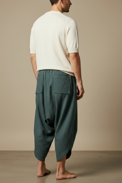 Pantalon Chinois Vert Ample Lin Décontracté Homme - vue 2