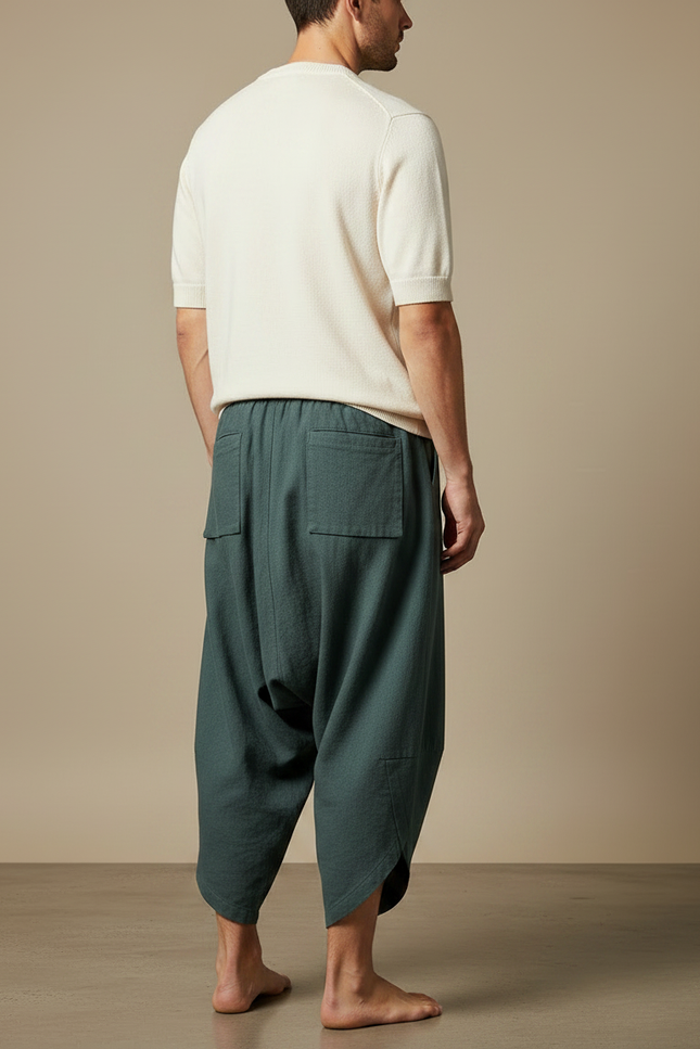 Pantalon Chinois Vert Ample Lin Décontracté Homme - vue 2