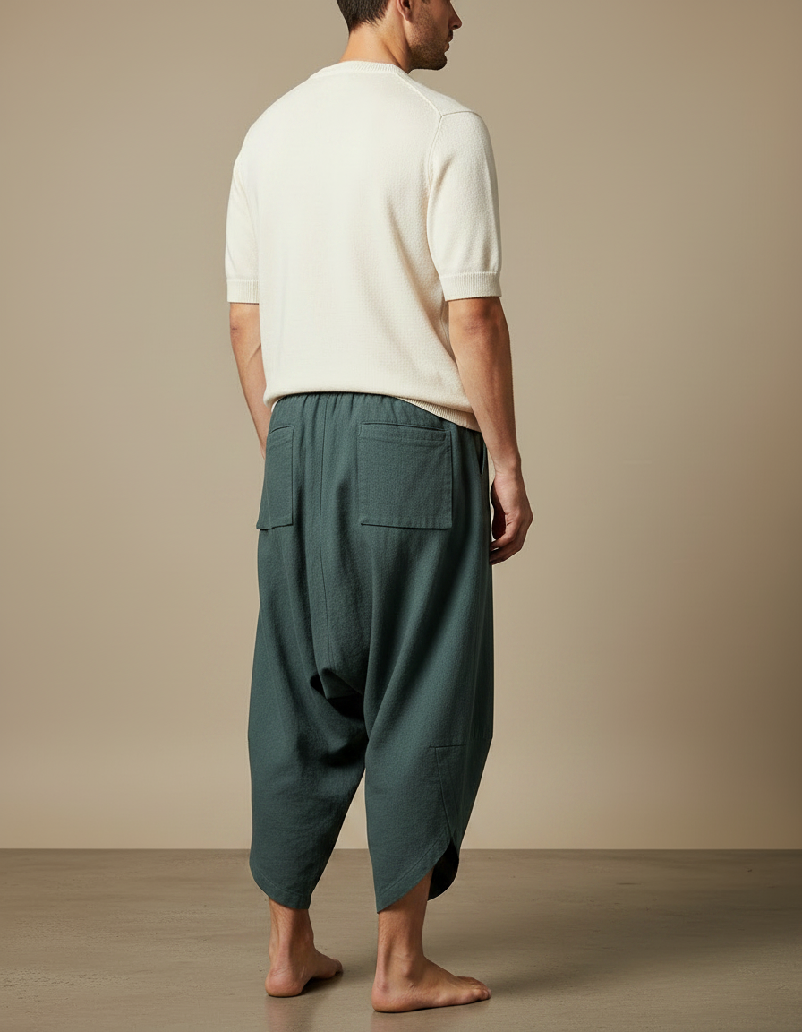Pantalon Chinois Vert Ample Lin Décontracté Homme - vue 2