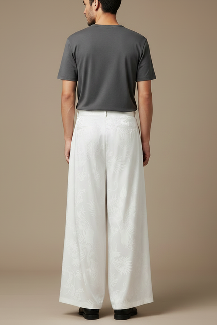 Pantalon Chinois Blanc Ample Jacquard Dragon Soie Ceinturé - vue 2