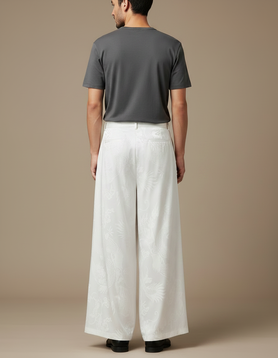 Pantalon Chinois Blanc Ample Jacquard Dragon Soie Ceinturé - vue 2