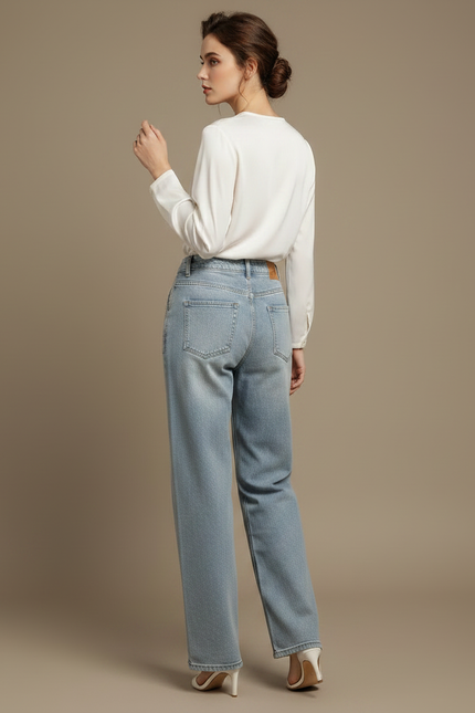 Pantalon Chinois Jean Brodé Taille Haute Femme - Bleu - vue 2