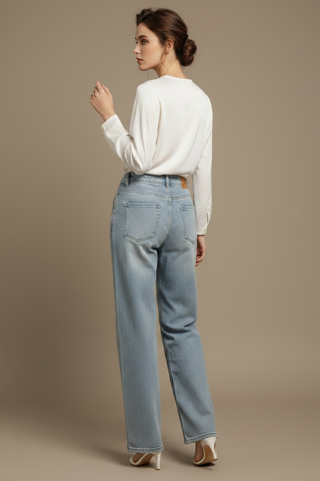 Pantalon Chinois Jean Brodé Taille Haute Femme - Bleu - vue 2