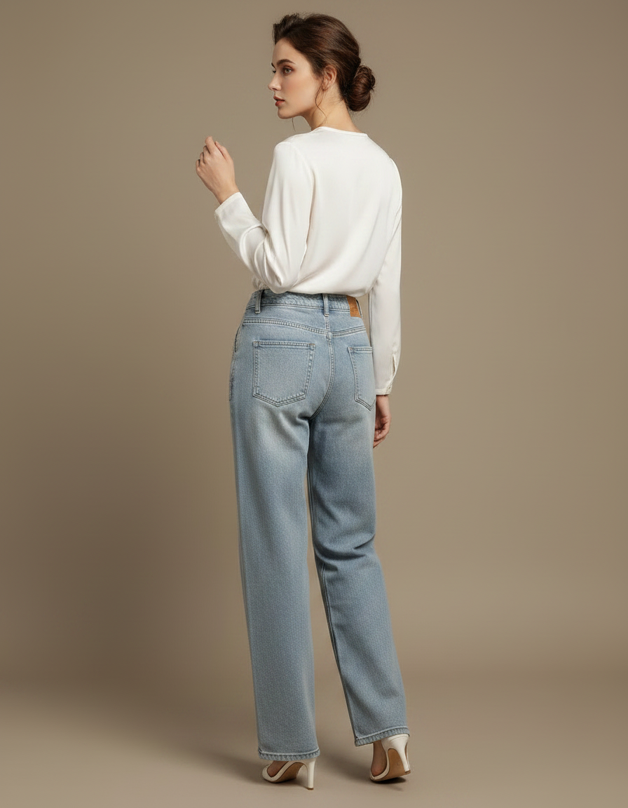Pantalon Chinois Jean Brodé Taille Haute Femme - Bleu - vue 2