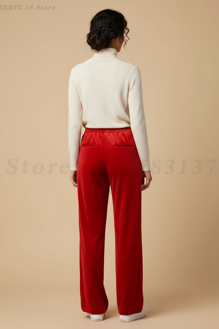 Pantalon Chinois Velours Rouge Ample Décontracté Femme - vue 2