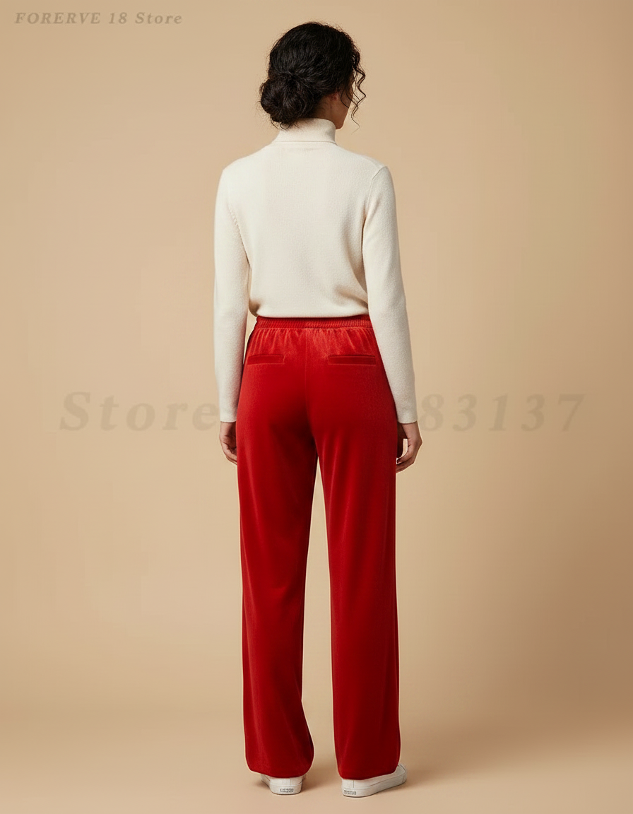 Pantalon Chinois Velours Rouge Ample Décontracté Femme - vue 2
