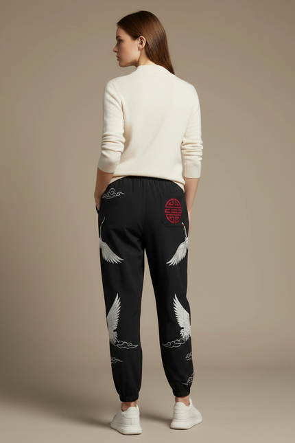 Pantalon Chinois Noir Brodé Grue Ample Femme - Polyester - vue 2