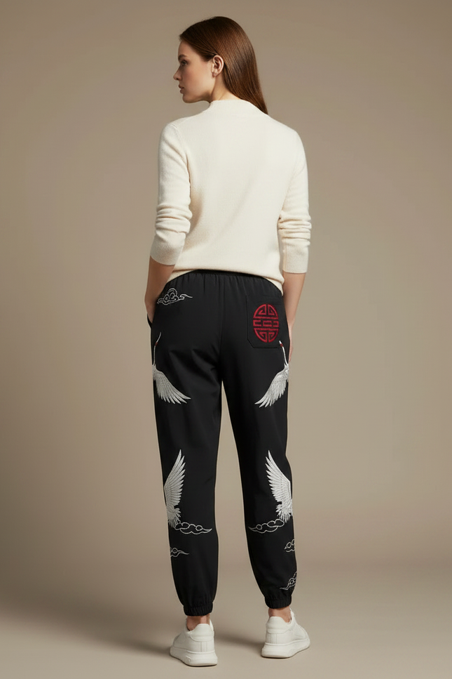 Pantalon Chinois Noir Brodé Grue Ample Femme - Polyester - vue 2