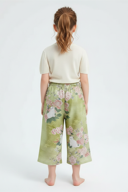 Pantalon Chinois Vert Floral Chat Fille Décontracté - Imprimé Lin - vue 2