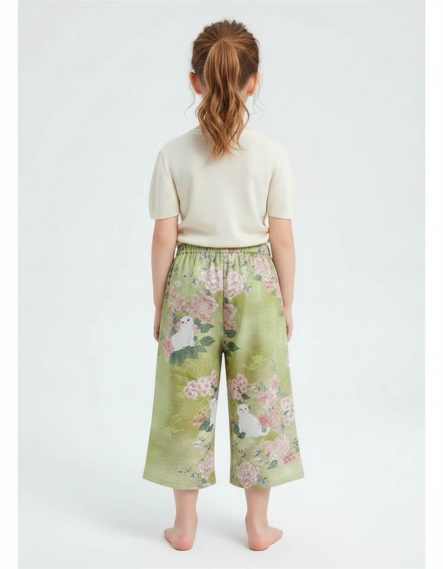 Pantalon Chinois Vert Floral Chat Fille Décontracté - Imprimé Lin - vue 2