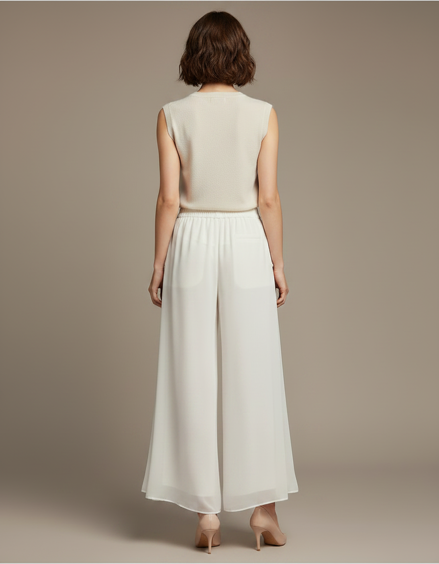 Pantalon Chinois Crème Fluide Ample Élégant Femme - Beige Soie - vue 2