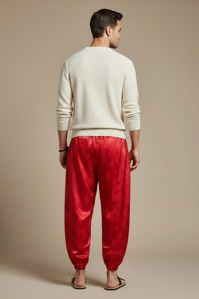 Pantalon Chinois Rouge Soie Dragon Ample Homme - vue 2