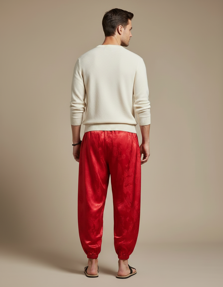 Pantalon Chinois Rouge Soie Dragon Ample Homme - vue 2