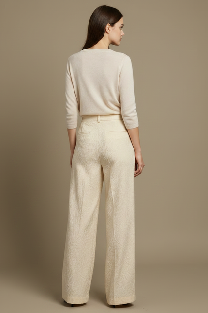 Pantalon Chinois Crème Jacquard Ample Texturé Élégant - Beige Polyester - vue 2