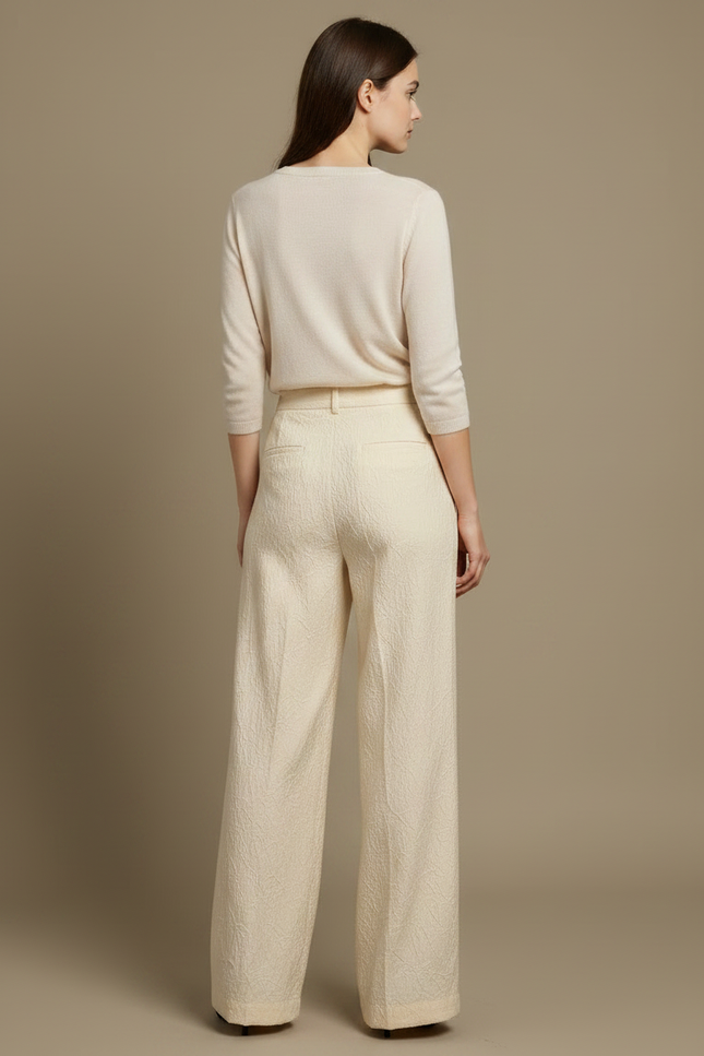 Pantalon Chinois Crème Jacquard Ample Texturé Élégant - Beige Polyester - vue 2