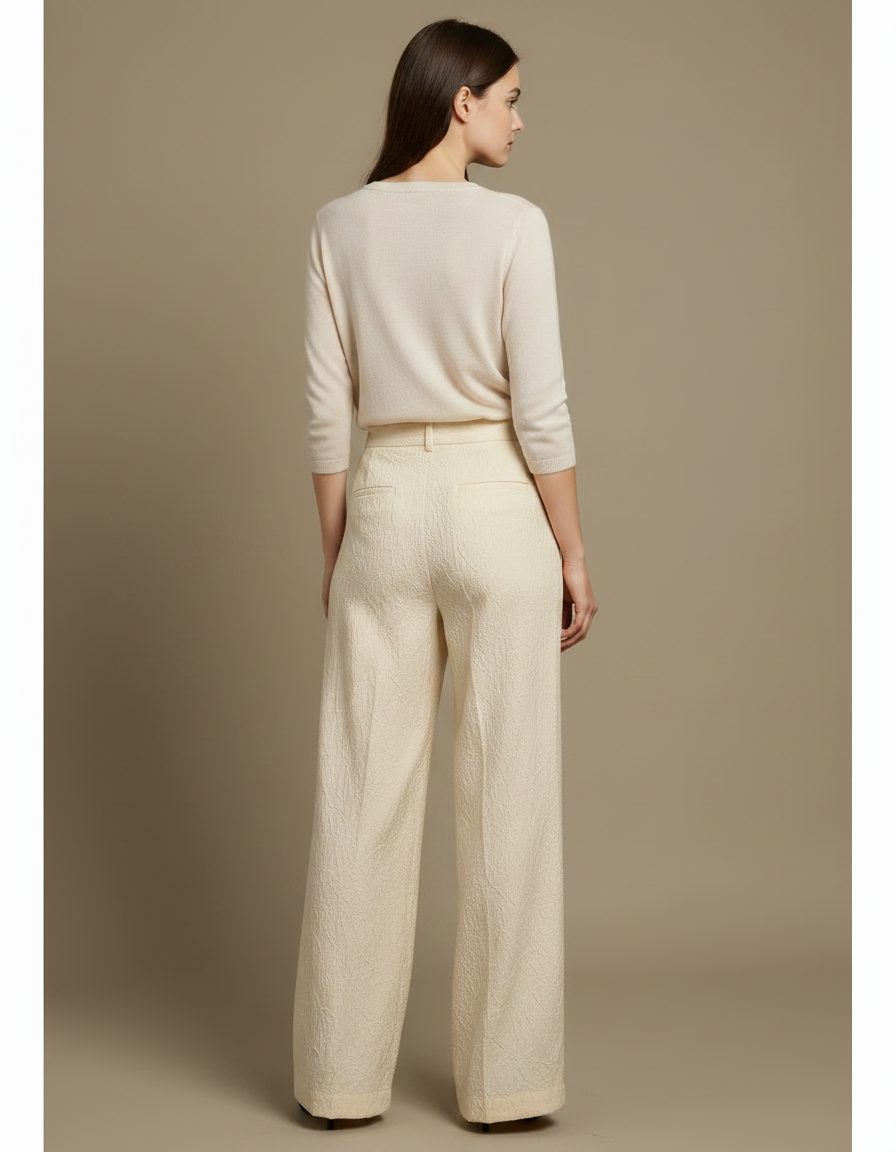 Pantalon Chinois Crème Jacquard Ample Texturé Élégant - Beige Polyester - vue 2