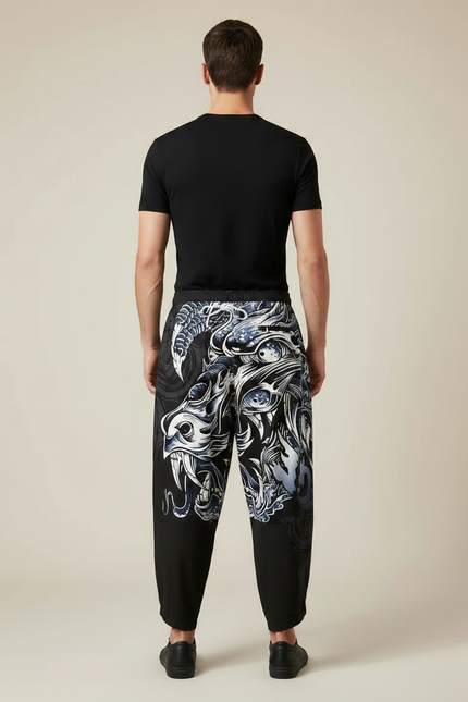 Pantalon Chinois Noir Dragon Imprimé Ample Décontracté Homme - Polyester - vue 2