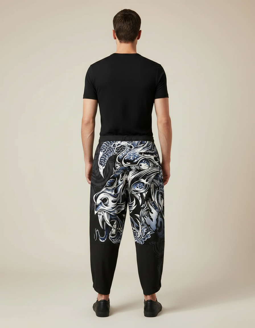 Pantalon Chinois Noir Dragon Imprimé Ample Décontracté Homme - Polyester - vue 2