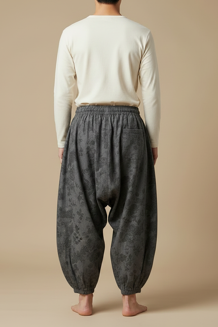 Pantalon Chinois Gris Fleuri Ample Cordon Décontracté - Coton - vue 2