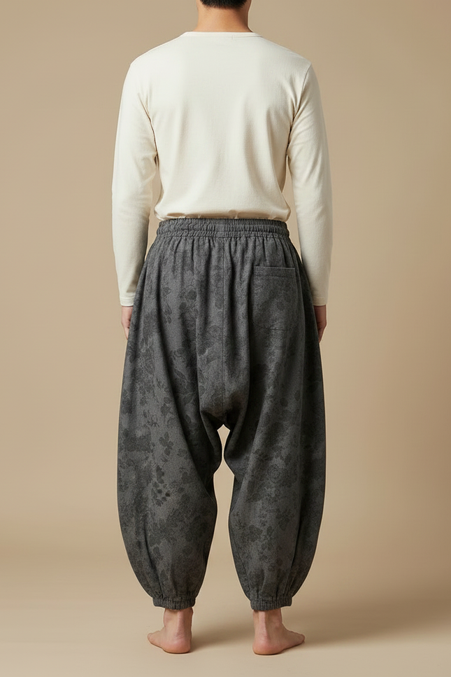 Pantalon Chinois Gris Fleuri Ample Cordon Décontracté - Coton - vue 2