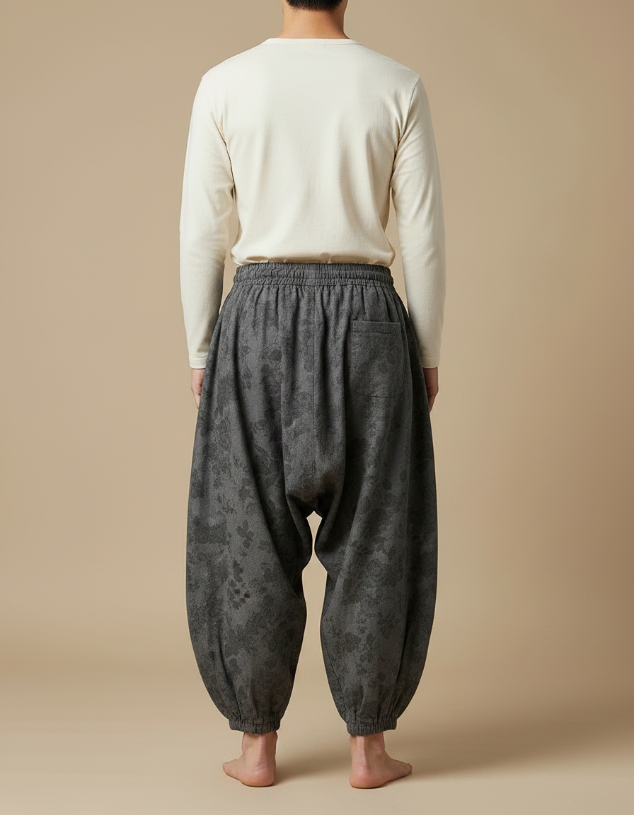 Pantalon Chinois Gris Fleuri Ample Cordon Décontracté - Coton - vue 2
