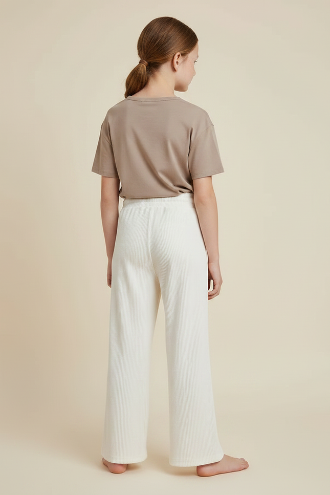 Pantalon Chinois Crème Côtelé Ample Fille Confortable - Blanc Cordé - vue 2
