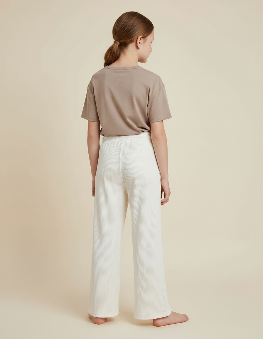 Pantalon Chinois Crème Côtelé Ample Fille Confortable - Blanc Cordé - vue 2