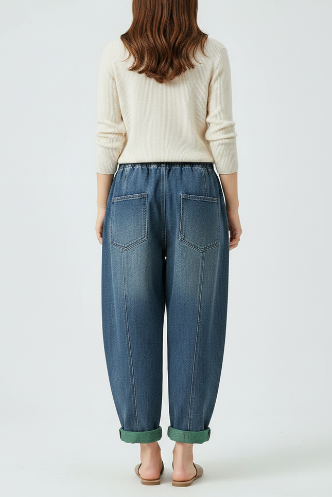 Pantalon Chinois Denim Imprimé Patchwork Ample Femme - Bleu Jean - vue 2