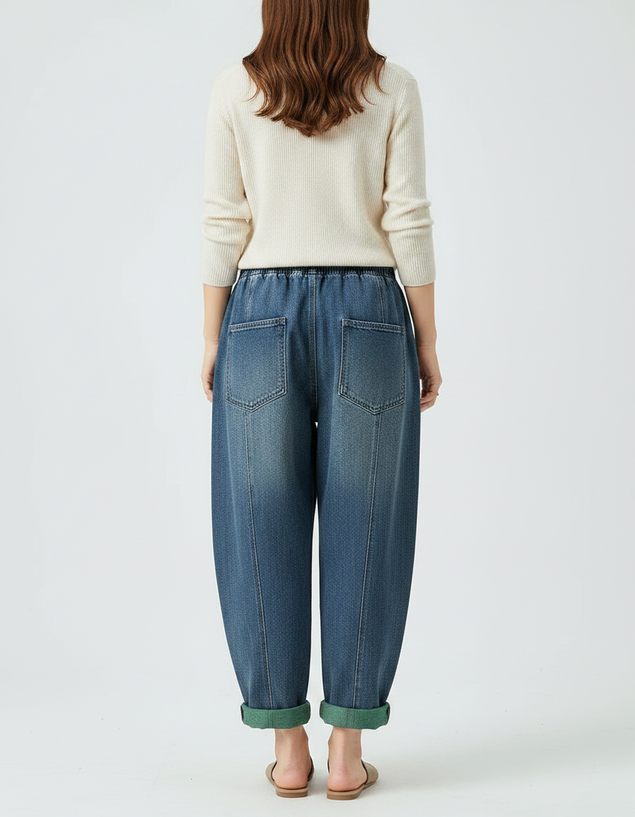 Pantalon Chinois Denim Imprimé Patchwork Ample Femme - Bleu Jean - vue 2