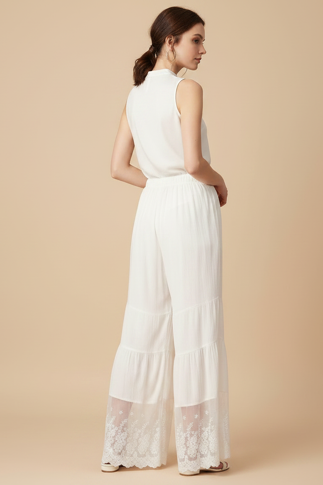 Pantalon Chinois Blanc Ample Fluide Brodé Dentelle - Lin - vue 2