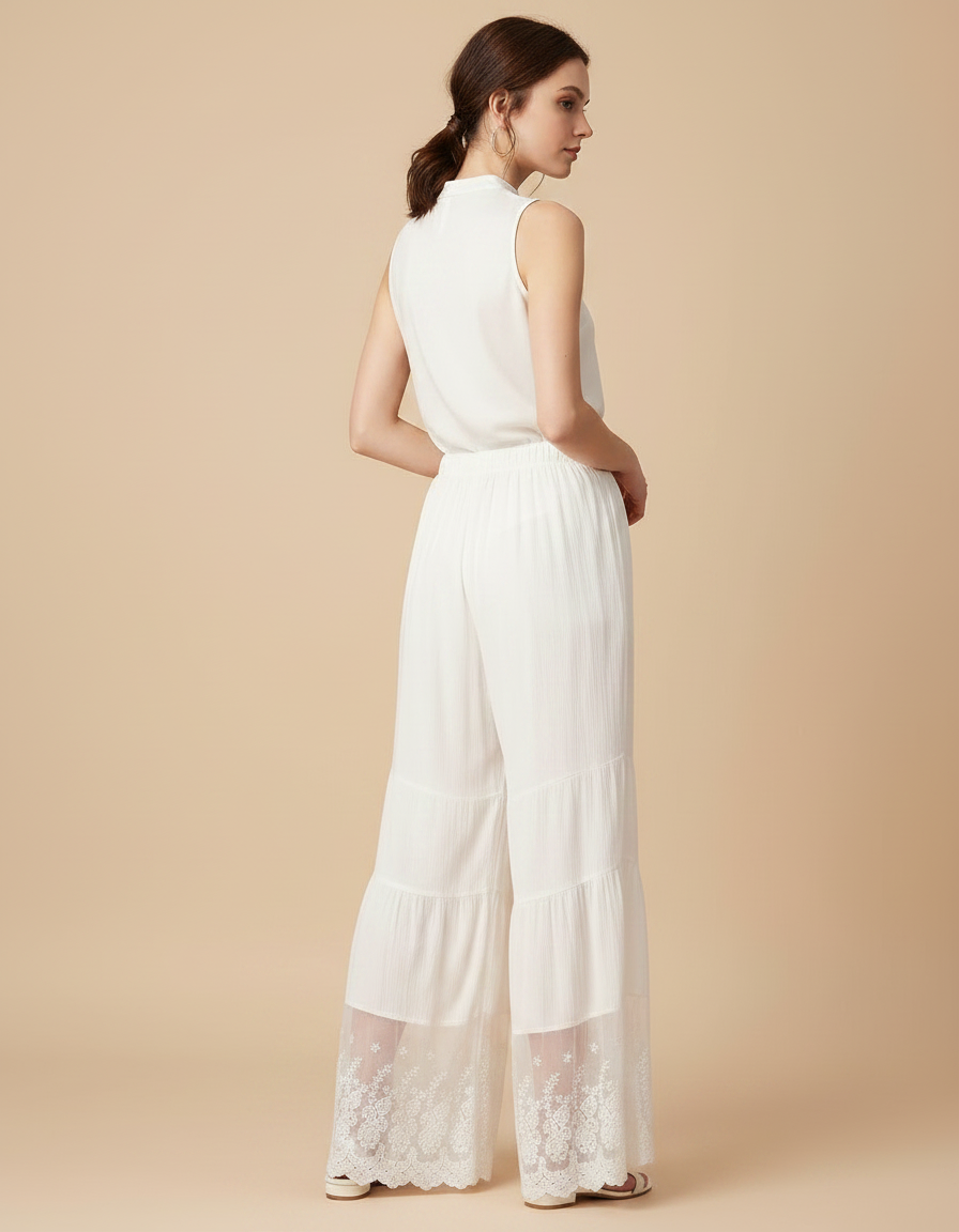 Pantalon Chinois Blanc Ample Fluide Brodé Dentelle - Lin - vue 2
